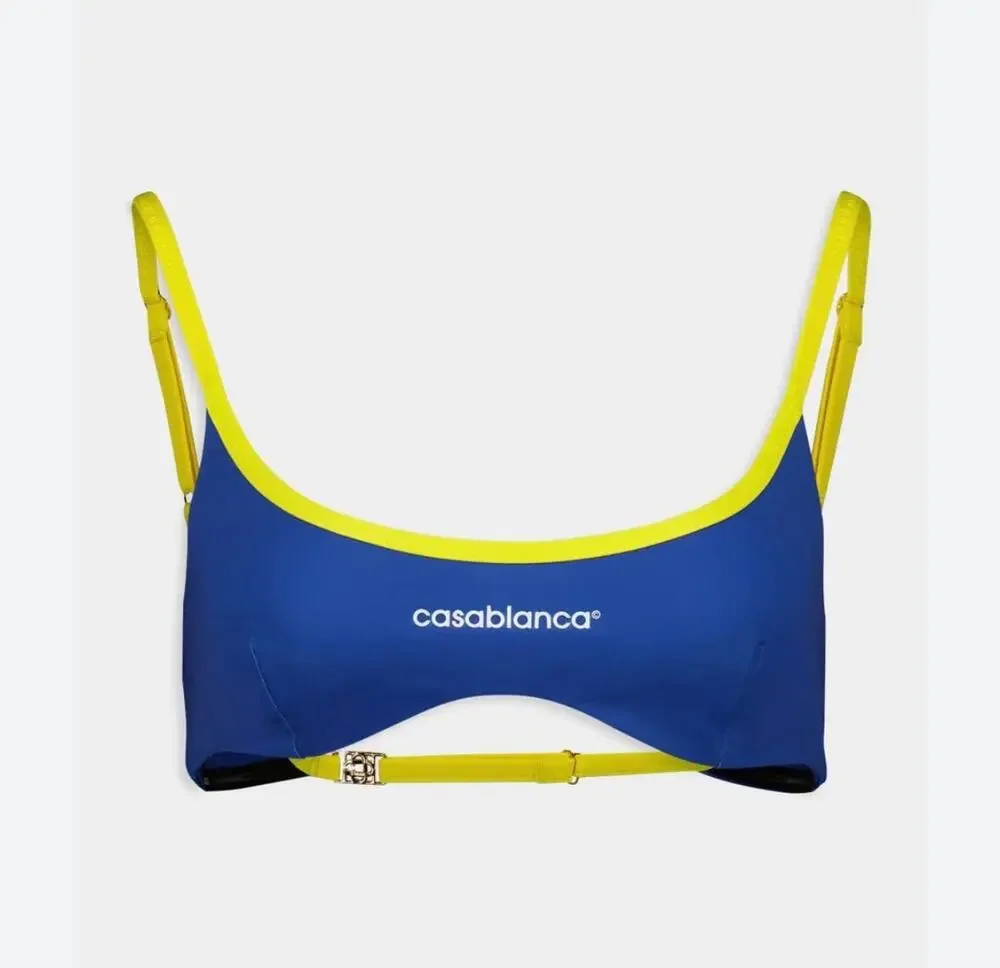Casablanca Size Large Bikini Top Blue Yellow Adjustable Strap Beachwear Stretch - Picture 1 of 11
